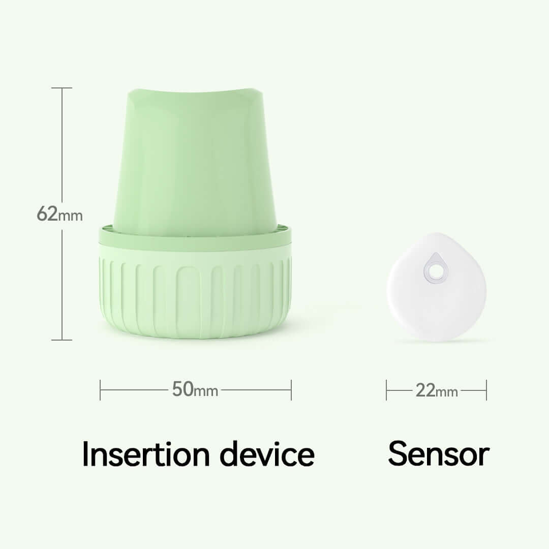 Insertion device and sensor for LinX Vista Continuous Glucose Monitoring System, showcasing dimensions for easy use.