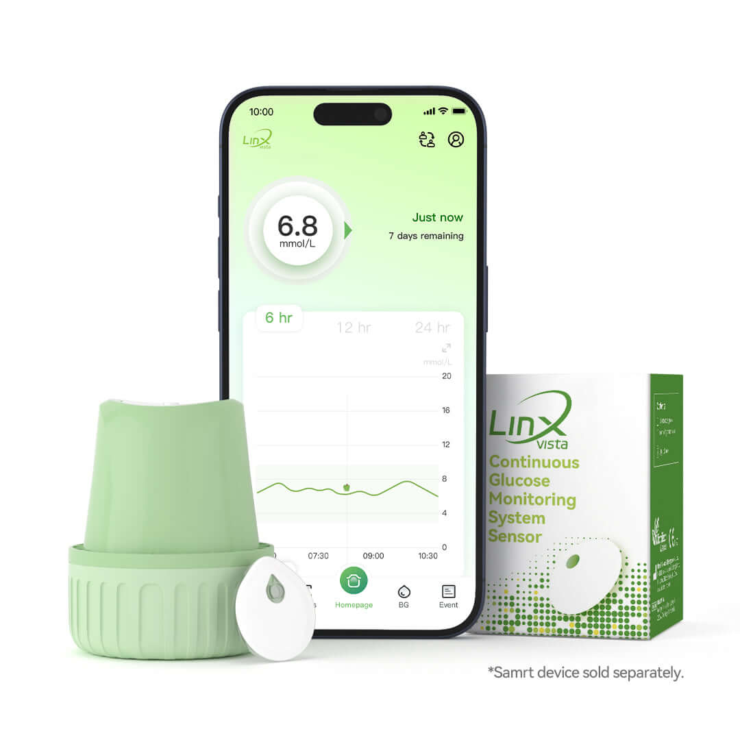 LinX Vista Continuous Glucose Monitoring System with sensor and mobile app, showing real-time glucose levels.